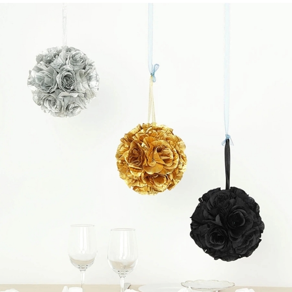 10" SILVER Silk Rose Flower Kissing Ball - Picture 3 of 3